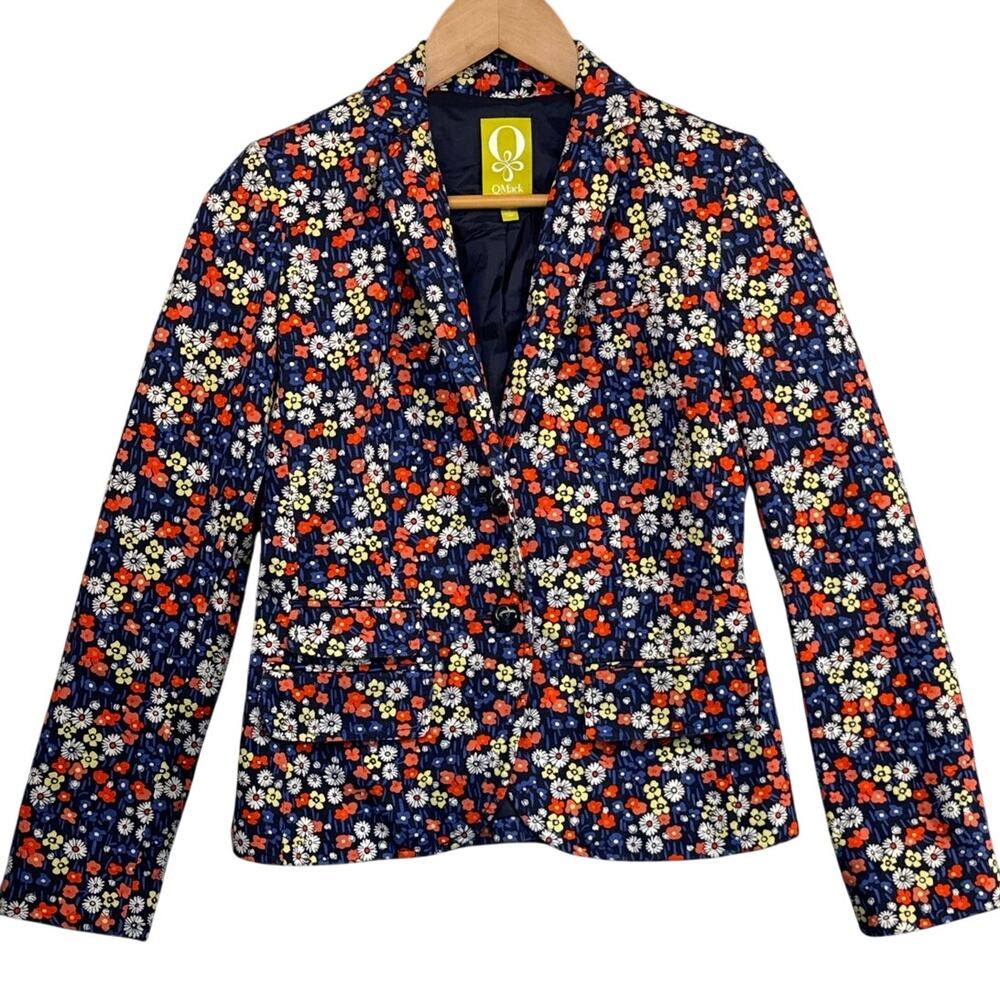 Qmack Navy Blue Ditsy Floral Cotton Jacket Blazer Women 0